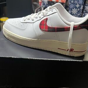 Nike Air Force 1 White with Red Plaid Swoosh